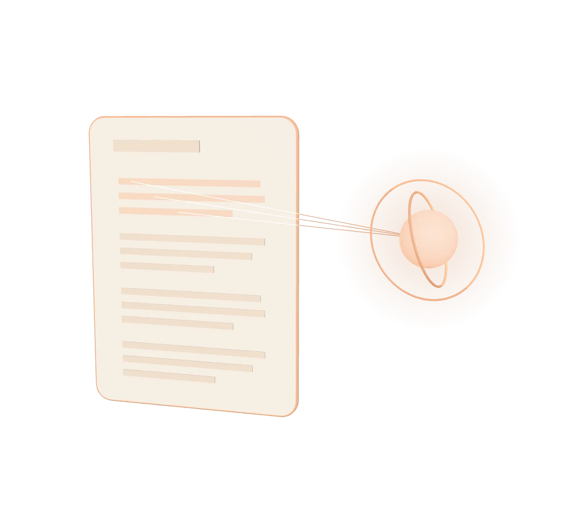 Stazio: una esfera compañera de cobre junto a un documento, con hilos de contexto hacia sus párrafos.