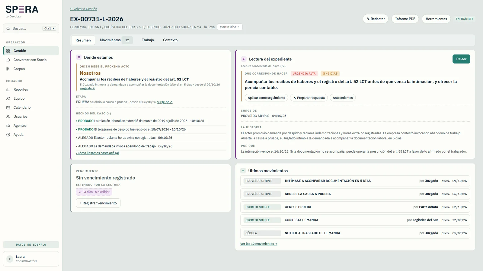 Expediente en Spera: Dónde estamos, Lectura del expediente y últimos movimientos. Datos de ejemplo.